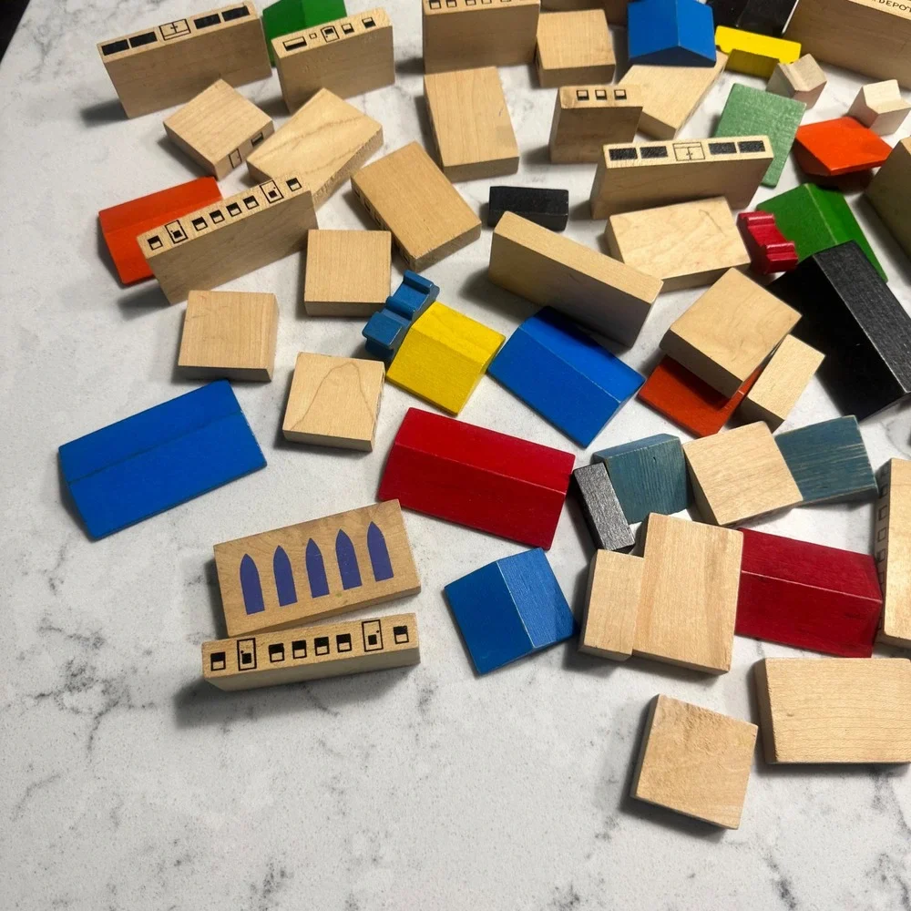 85 piece Vintage PLAYSKOOL VILLAGE Wood Building Blocks And Vehicles Montessori